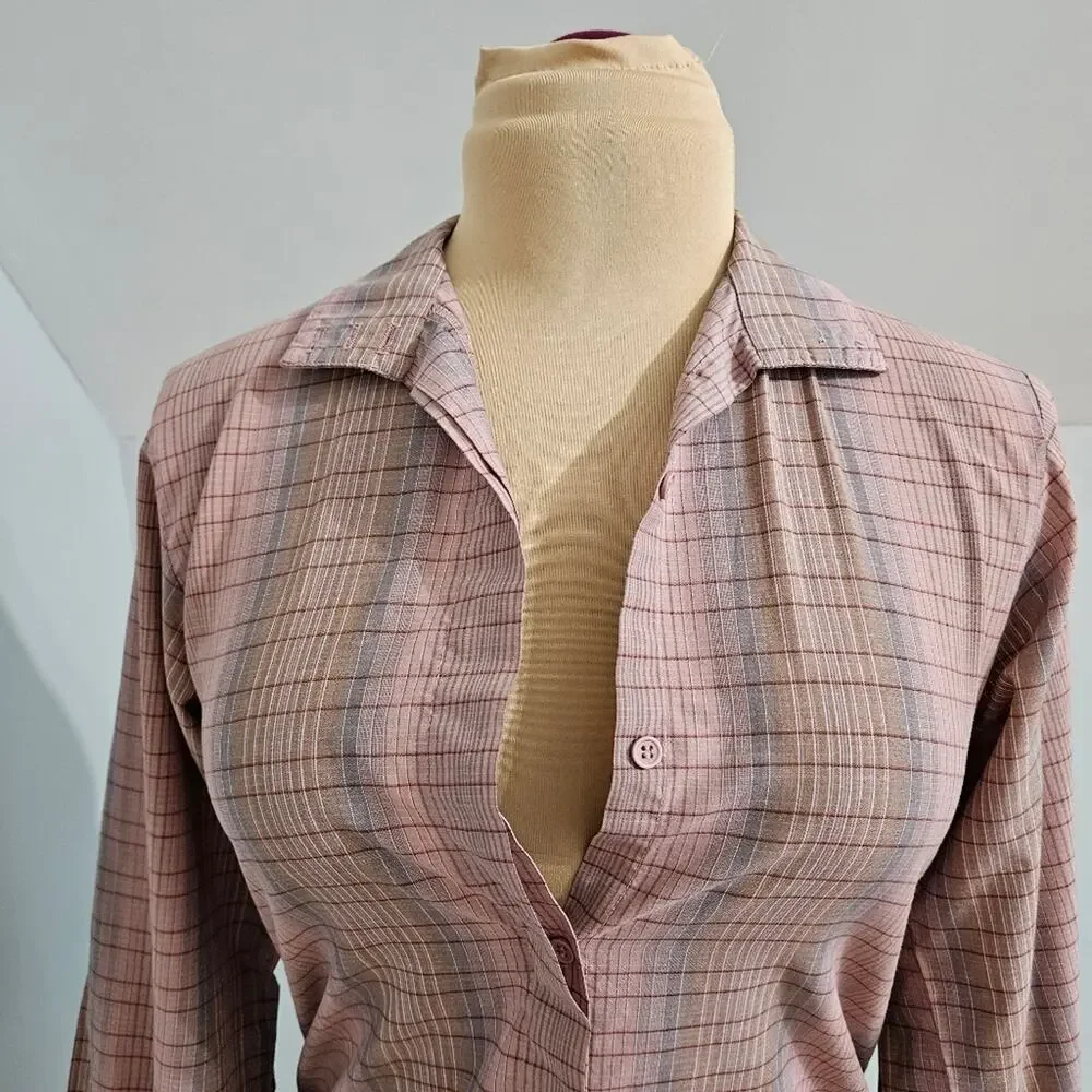John Meyer Button Front Long Sleeve Pink Plaid Top Size 8‎ Career Country
